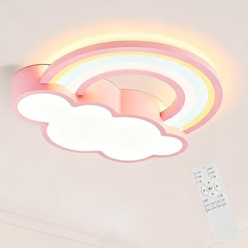 Jatwefiv LED Regenbogen Wolken Design Deckenleuchten Kinder Deckenlampe 48W Dimmbar mit Fernbedienung Farbtemperatur 3000K-6000K für Kinderzimmer Schlafzimmer Spielzimmer,Rosa