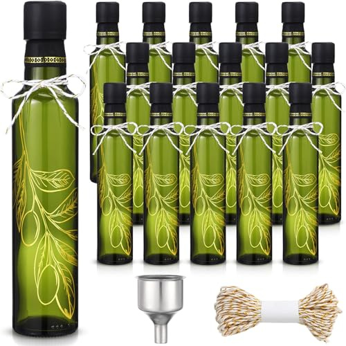 Reallnaive 12 Sets 8 oz Glass Olive Oil Bottles Empty Sauce Condiment Bottles with Tags and Twine and Funnel for Storing Homemade Oil Christmas Wedding Baby Shower Gifts(Olive Leaf, Dark Green)