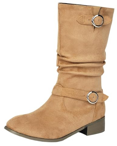 Onewus Stövlar med spänne och veckad look | 25 cm skafthöjd | slip-design | 3,5 cm platt klack | halkfri gummisula | mjukt mocka, Beige, 42 EU