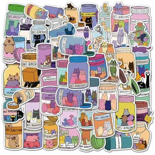 QINGZHUO- 50 pezzi simpatici adesivi per il trattamento del gattino per la prevenzione dello stress set di vinili impermeabili per laptop sala computer portatile aula ricompensa ruote da skateboard