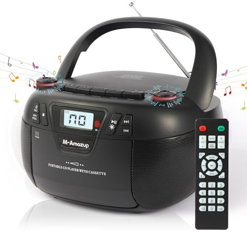Boombox CD Player Portable Cassette Player with CD MP3 Bluetooth AUX TF/USB AM/FM Radio AC/DC Powered with Remote Control, Headphone Jack, Stereo Sound for Home,Kids,Gift (Black)
