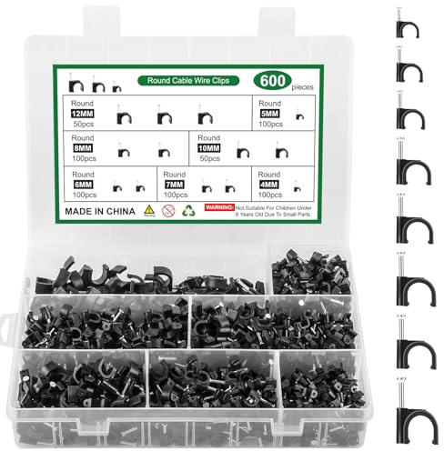 600 Stück Kabelschellen Nagelschellen, Runde Kabel Clips, Kabelschellen Schwarz, Kabelhalter Wand Befestigungen für Netzwerkkabel, 4mm 5mm 6mm 7mm 8mm 10mm 12mm