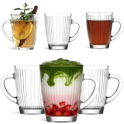 vienberg HESTIA 6er Set Teegläser mit Henkel – Elegante Kaffeegläser mit innenliegendem Rillen-Relief – Bleifreie Glastassen für Matcha, Cappuccino & Tee, Glas mit Griff (250, Milliliter)