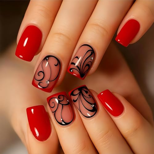 Zosutetoxo False Nails, stick-on fingernails with black line French design, medium square press-on nails, glossy faux gel nails