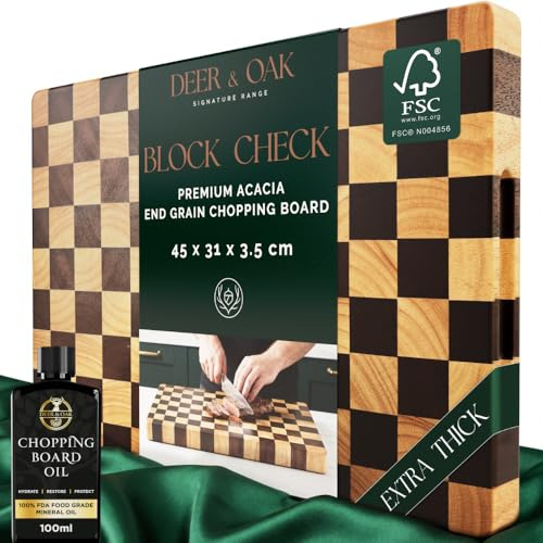Deer & Oak End Grain Acacia Chopping Board with Checkerboard Pattern & Food Safe Mineral Oil Bundle - 45 x 31 x 3.5 cm, FSC Certified Pre-Oiled Butcher's Block with Side Handles, Charcuterie Board