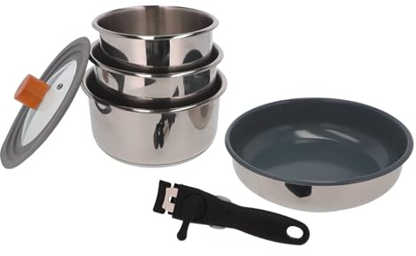 BERGER BlueOak Topfset Induktion 6-TLG. | stapelbares Kochtopf Set mit Pfanne, Glasdeckel & Pfannengriff | Induktions Töpfe Set aus Edelstahl geeignet für Camping & Küche