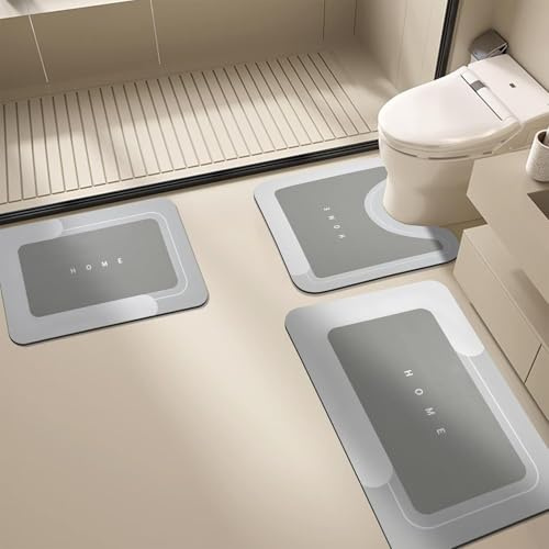 Jyswx 3-Piece Diatomite Bath Mat Set – Quick Dry Cooling Stone Bathroom Mats, Non Slip Absorbent Bath Rug Set with U-Shaped Toilet Mat, Lightgrey, 50x80+50x60U+40x60cm