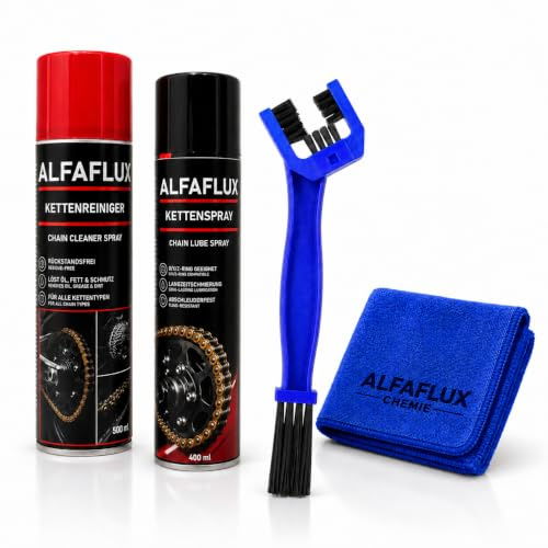 ALFAFLUX Kettenpflege-Set 4-teilig – Kettenreiniger 500ml + Kettenspray 400ml + Bürste + Mikrofasertuch – O/X/Z-Ring – Motorrad Fahrrad (ALF-KPS-4-B)