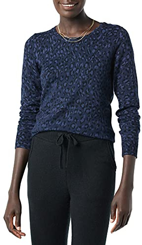 Amazon Essentials långärmad lätt tröja med rund hals (finns i plusstorlek), marinblå gepard, medium