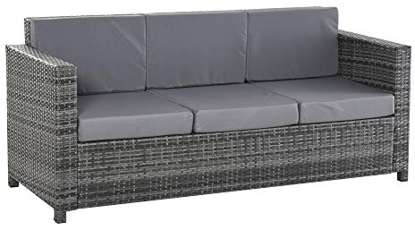 Outsunny Poly-Rattan Sofa mit Kissen 3-Sitzer Garten Loungesofa Metall Polyester Grau 185 x 70 x 80 cm