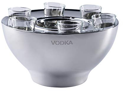 Vodka - Raffreddatore per vodka, in acciaio inox + 6 bicchierini argento, refrigeratore per bevande, regalo per feste, 25 x 25 x 14 cm