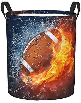 Dujiea Football Ball In Fire And Water Laundry Basket Round With Handle, Collapsible Foldable Canvas Storage Bin Dirty Clothes Bag For Laundry/Toys Organizer/College Dorm/Nursery/Decor(2 Sizes)