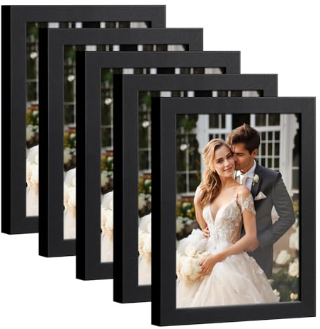 HappyHapi 4x6 Picture Frame Set of 5, Black Frames Display Photo 3.5x5 with Mat or 4x6 without, Gallery Wall Frame Set, Wall or Tabletop Display (Black)