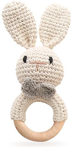 Wooden Baby Rattle, Handcrafted Crochet Bunny Rattles with Wooden Teething Ring, Beige Rabbit Newborn Toy Stuffed Animal Organic Rattle Baby Announcement Ideas Props