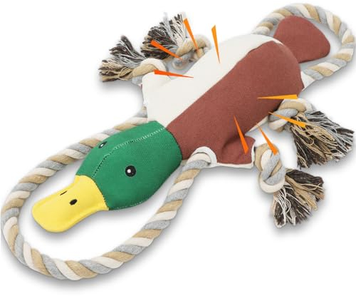 Duck Dog Toys for Small Medium Dogs, Durable Canvas Fetch Tug Toy with Sliding Rope & Crinkle Paper for Boredom Relief, Squeaky Interactive Teething Puppy Chew Toys for Chihuahua Corgi Beagle