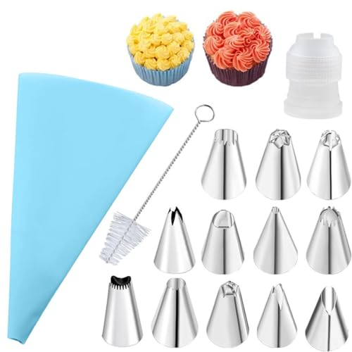 KHAOP Piping Bags and nozzles Set, Icing Nozzles, Stainless Steel Piping Icing Nozzles, with Reusable Silicone Pastry Bags and Tips for DIY Cake Cupcake Decorating with Brush