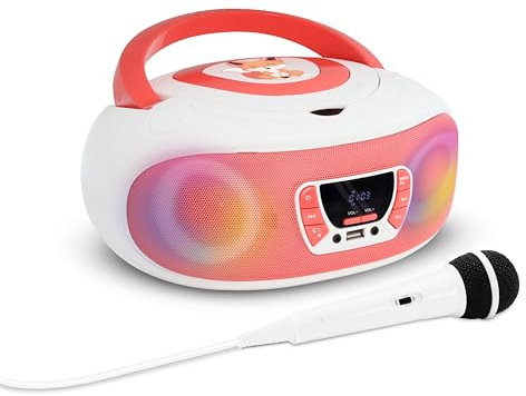 MOOOV 477409 Lecteur CD Radio FM Karaoké Bluetooth pour Enfant avec Micro et Effets Lumineux - Poste Portable avec Poignée - Alimentation Secteur ou Piles