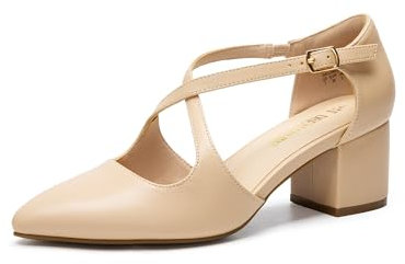 DREAM PAIRS Women's Chunky Heels Dress Pumps Closed Pointed Toe Comfort Cross Strap Block Heel Shoes for Party Dance Wedding,Size 5.5,Nude-Pu,SDPU2409W