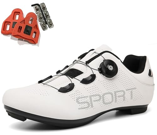 PENXZT Zapatillas de Ciclismo para Hombre Mujer Zapatos Bicicleta de Carretera compatibles con Look SPD SPD-SL Delta Cleats Montaña Exterior MTB para Interiores Exteriores,Blanca,43 EU