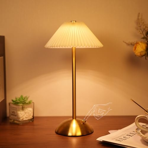 HyDlan LED Tischleuchte Kabellos Touch Dimmbar 3 Farbtemperatur Nachttischlampe, Akku Tischlampe Aufladbar, Metallmaterial, Für geeignet Restaurant, Lesen Schlafzimmer, Kaffeehaus (Beige A)