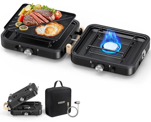OGERY 2-Burner Foldable Camping Stove with Griddle (Textured & Smooth) and Carrying Bag, Portable Propane Camp Stove with 2 Adjustable Burners & Piezo Ignition, for Camping Tailgating Essentials Gear