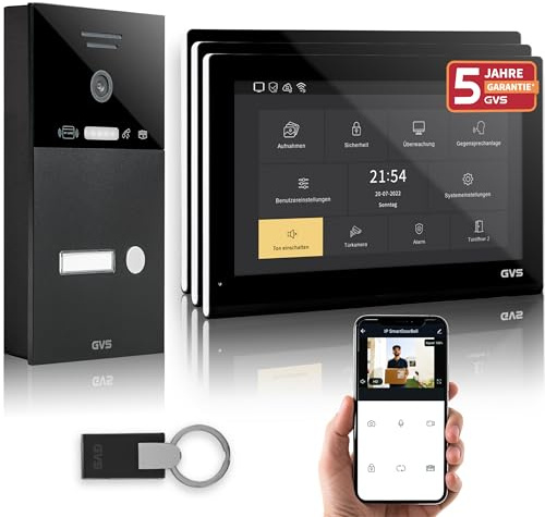 GVS IP Video Türsprechanlage mit Türöffner, RFID, 3X 10 Zoll Monitor & App | Smarte Video Türklingel mit Kamera und Monitor & App - Gegensprechanlage für 1 Familienhaus (AVS5538A)