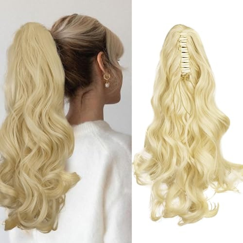 Cybelleza Ponytail Extension mit Klammer Clip in Pferdeschwanz Haarteil Zopf Lockig 45cm Claw Pferdeschwanz Haarverlängerung wie Echthaar Gewellt Lang Synthetik Haar, Bleach blond