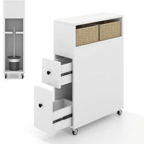 FANTASK Nischenwagen mit Rollen, 50 x 19 x 72 cm Schubladen, Weidenkörben und Bürstenhaltern,Nischenschrank, Badezimmerschrank schmal, Toilettenschrank freistehend, Weiß