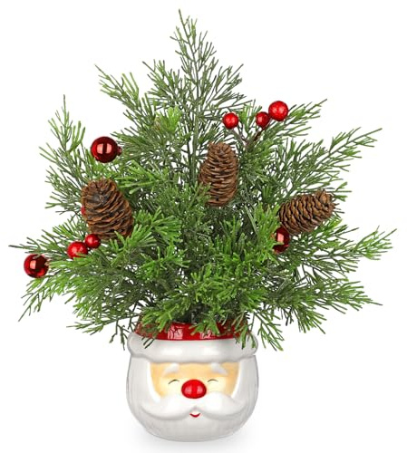 Hollyone Small Christmas Tree Cedar 10 Tabletop Snowman Potted Plants with Vase Artificial Mini Xmas Tree Decorations Plant with Christmas Ball Ornaments Berries Pine Cones Slim Tree Party Home Decor