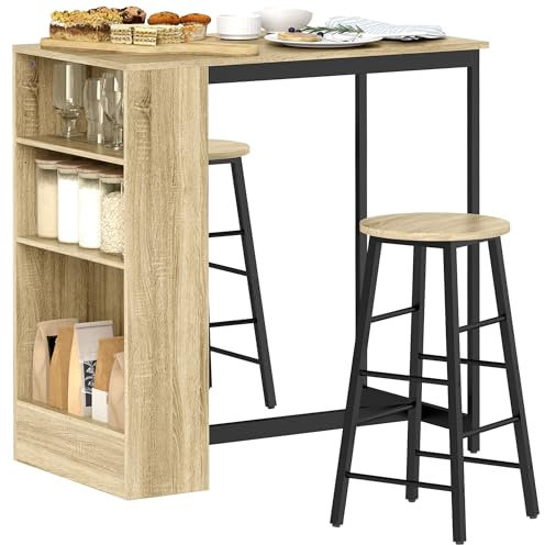 HOMCOM Bartisch Set Bartisch mit Barhocker-Set Küchentresen mit 2 Barstühlen und Fußstütze Moderner Küchentisch mit 4 Verstellbaren Ablagen für Küche, Esszimmer, Eiche