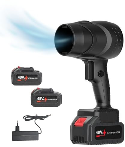 Soffiatore a Getto Turbo. Mini Soffiatore per Foglie, 130000 RPM. Soffiatore Jet Dry. Spolveratore ad Aria senza Fili. 1050 W. Include 2 Batterie da 48 V. Per la Pulizia del Giardino, Neve, Polvere.