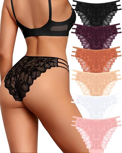 ALL OF SHE 6 Pack Mutande Donna Pizzo Intimo Donne Sexy Scivola Mutandine Signore Hipster Confortevole Intimo Traspirante Morbidezza S-XL