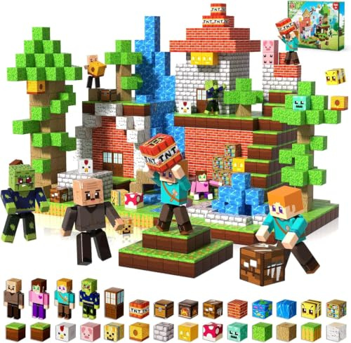 164 Pièces de Construction Magnétique Enfant - Set Aventure Magique en Forêt avec Maison Champignon, Citrouille-Lanterne & 4 Figurines | Blocs de Construction Magnétique