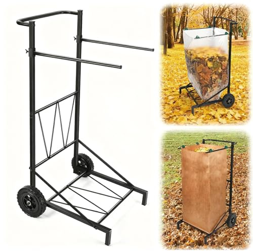 Trash Bag Holder Cart, Adjustable Outdoor Garden Leaf Bag Holder with Wheel, Mobile Yard Waste Bags Cart from 30-45 Gallon Capacity for Yard & Lawn Clean Up, Camping, Gardening (Black)