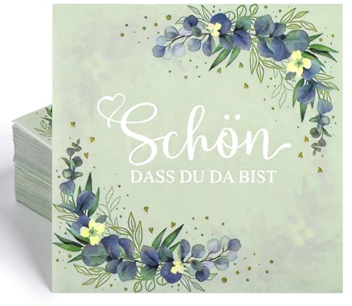 100 Stück Servietten Schön Dass Du Da Bist, 33 x 33cm Servietten Salbeigrün Eukalyptus Grün mit Spruch für Geburtstag, Hochzeit, Kommunion Jubiläum Taufe Tischdeko