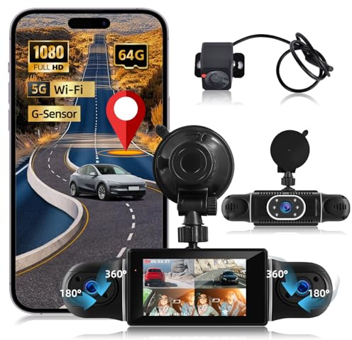 NHOPEEW Dash Cam a 360° a 4 canali per auto - Videocamera da cruscotto 1080P con controllo tramite app Wi-Fi, visione notturna/registrazione in loop/monitoraggio parcheggio/sensore G
