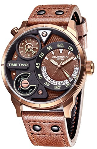 Alienwork Orologio Uomo Bronzo Marrone Bracciale in Cuoio Rosolare Calendario Data Multi-Fuso Orario XL Più Grande
