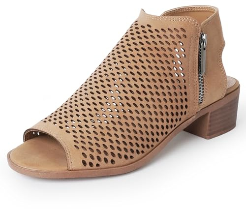 J. Adams Tracy Perforated Flat Bootie - Casual Open Toe Low Heel - Cut Out Shoe, Light Taupe, 6