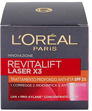 L'Oréal Paris Revitalift Laser X3 Crema Viso Antirughe Anti-Età con Acido Ialuronico e Pro-Xylane di Giorno, Protezione Spf 20 - 50 ml