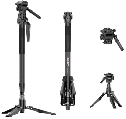 COMAN Le Monopode en Fibre de Carbone One-Touch est Un Monopode Léger de 159cm de Haut, Dispose de Pieds Forme de U avec tête,Capacité de Charge Maximale Hydraulique V1 de 5 kg