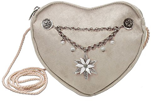 Alpenflüstern Herztasche Edelweiß-Charivari - Damen Trachtentasche in Herzform, Schultertasche fürs Dirndl, Herz Handtasche zur Tracht, Dirndltasche (taupe-grau) DTA028