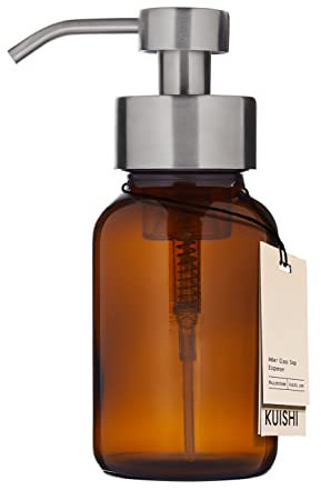 Dispensador de jabón líquido en Espuma de Vidrio ámbar Kuishi con Bomba Plateada, Botella de jabón Reciclado de 250 ml, Recipiente de Vidrio ámbar con protección UV, Bomba Plateada sin BPA