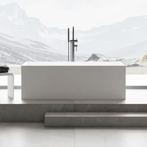 BERNSTEIN - Baignoire îlot rectangulaire design Blanc mat Fonte minérale + Bonde et trop plein, 270L - 170x72x55cm (lxLxH) - LUNA STONE
