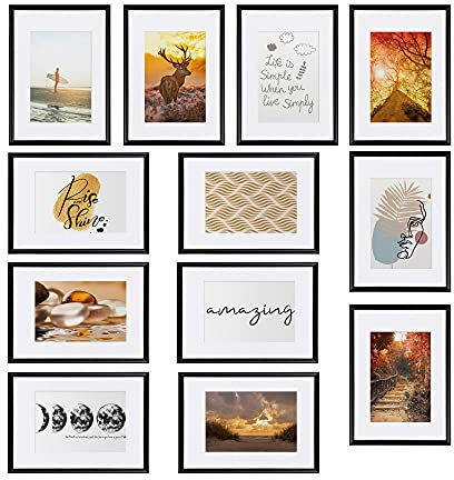 bomoe Set di cornici per foto 12 pezzi Sunlight 12x 13x18 cm – Cornice multipla in legno e vetro plastica - Cornice per foto - Cornice per foto da muro - collage foto da parete - Nero