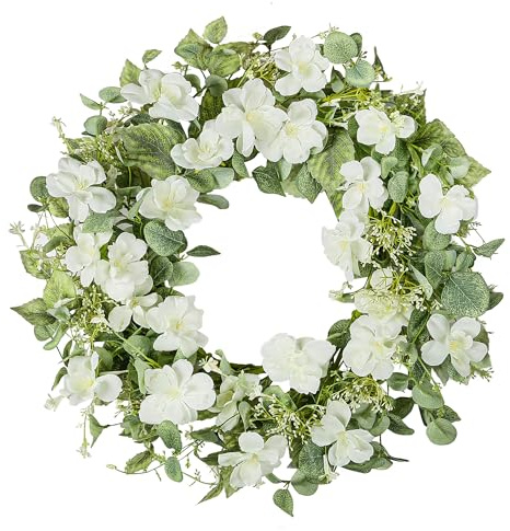 YNYLCHMX 18 Spring Summer Wreaths for Front Door, Artificial Floral Wreath with White Rose Flowers Green Eucalyptus Leaves, Green Foliage Wreath for Wall Window Farmhouse Party Holiday Home Decor