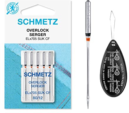 Overlock/Serger ELx705 SUK CF Ballpoint (Medium Ball Point, Chrome Finish) Coverstitch Sewing Machine Needles, Size 80/12, Includes Large Needle Threader