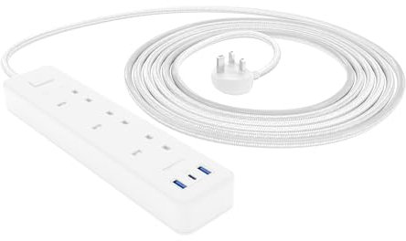 Amazon Basics 3 Outlet - 2 USB A(12W), 1 USB C(20W) Surge Protector Extension Lead, Rectangle, 1.5 m Braided Cord, White