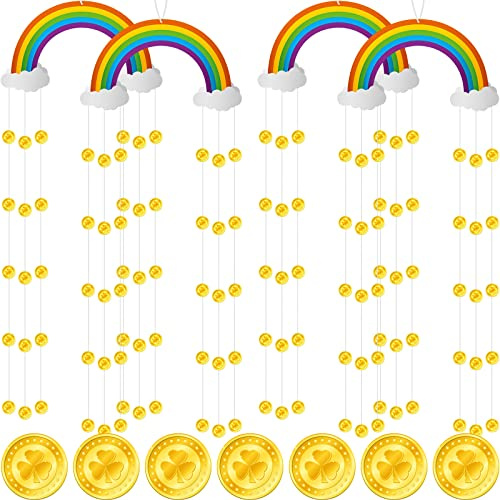 Yilloog 4 Pcs St Patricks Day Decoration Hanging Rainbow and Cloud Ceiling Decoration with Gold Coins Streamers Paper Irish Ornaments for Room Wall Tree Decoration Leprechaun St Patrick Party Supplies