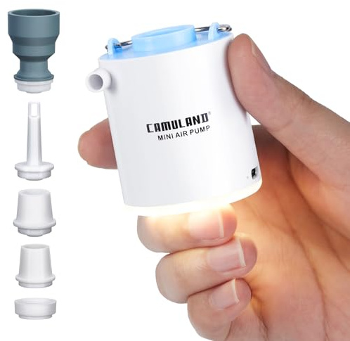 CAMULAND Mini Air Pump, Sleeping Pad Pump Portable Air Pump for Inflatable with 1300mAh Battery USB Rechargeable Camping Light 5 Nozzles for Air Mattress, Pool Floats,Vacuum Storage Bag