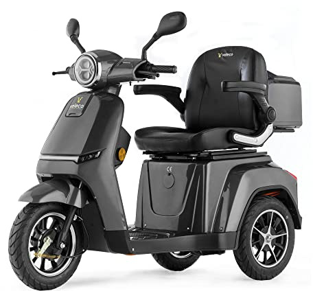 VELECO TURRIS - Mobilitätsroller mit 3 Rädern - Komplett montiert und fahrbereit - Voll-LED Beleuchtung - Kontrastreiches Display - Alarmanlage (Grau)